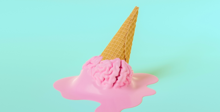 Melting ice cream cone on the ground with a brain-shaped scoop, symbolising mental exhaustion and internalised ableism in autism.